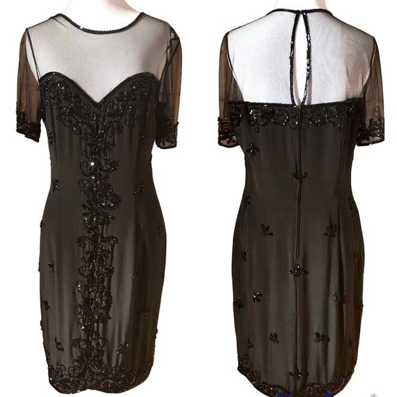 Vintage Black Beaded Silk Cocktail Dress by A.J.Bari for Lord & Taylor - Picture 1 of 14